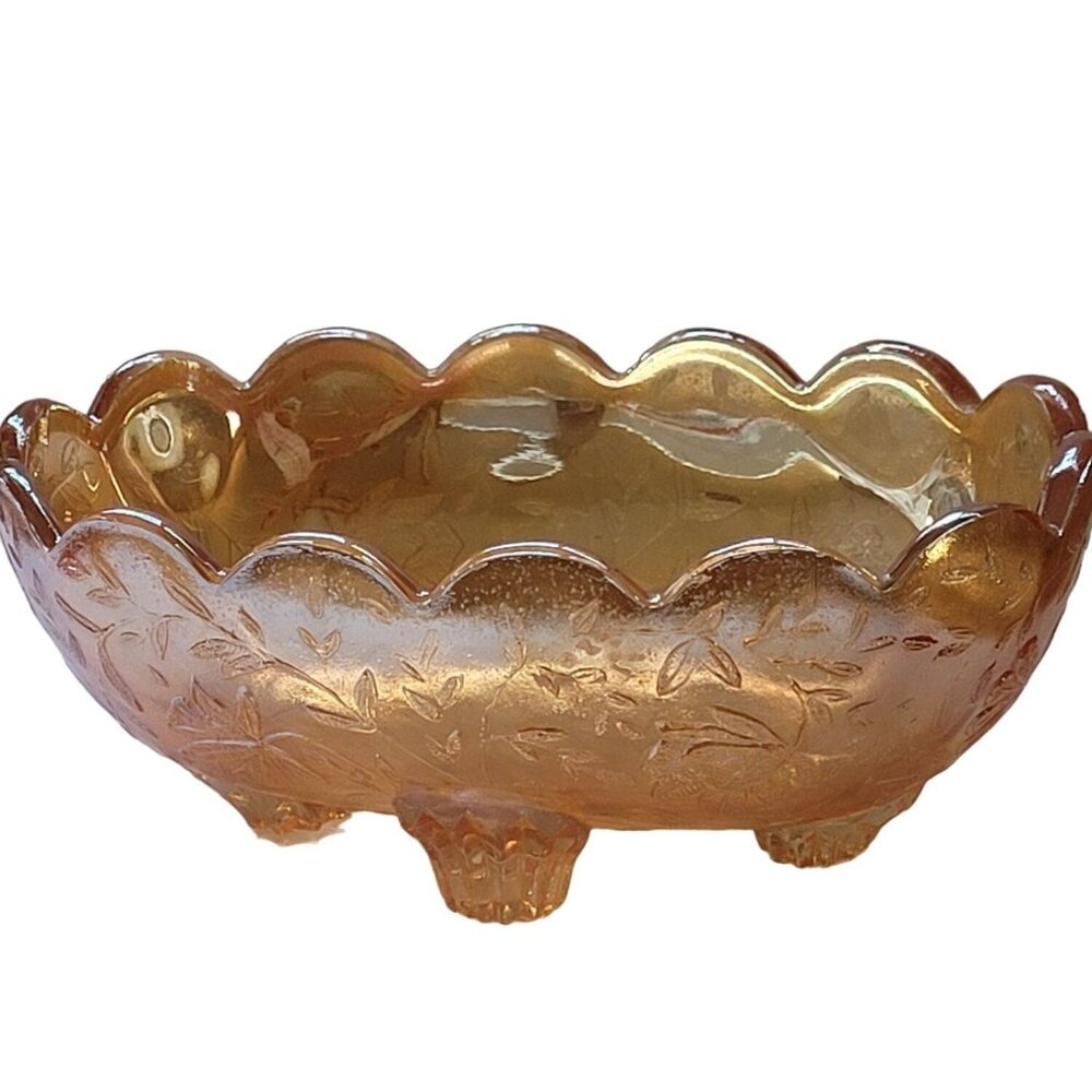 Vintage Jeanette Flora Amber Iridescent Carnival Glass Candy Dish Bowl Small 5"